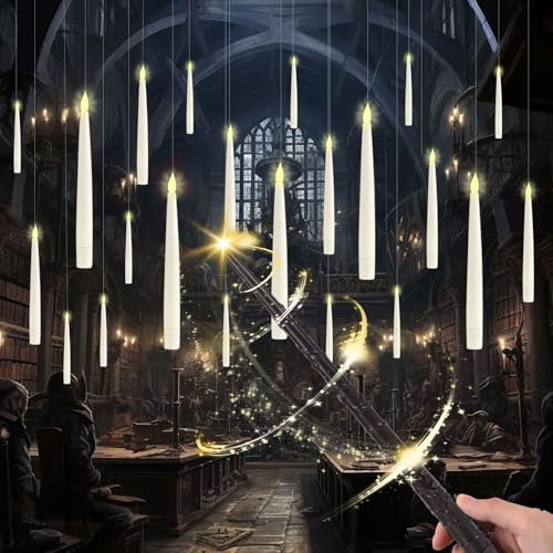 MeYuxg schwebende Kerzen mit Zauberstab, 20 Stück Fliegende Kerzen Flackernde Floating Candles LED Stabkerzen Schwimmkerzen für Halloween Weihnachten Hochzeit Party Deko