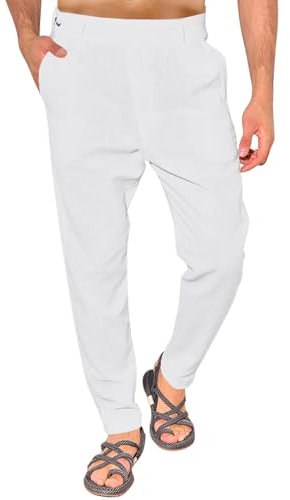 Runcati Hosen Herren Lang Leicht Loose Fit Herrenhose Einfarbig Männer Freizeithose Baumwolle Stoffhose Yoga Standhosen ElastischeHose mit Taschen Weiß M