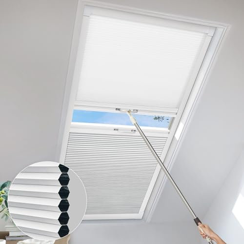UrMoon Skylight Cellular Blinds, Blackout Honeycomb Blinds Double Sliding Sun Protection Shades Easy Fit for Roof Inclined Plane Room Windows(Light Filtering White & Blackout White, Custom Sizes)