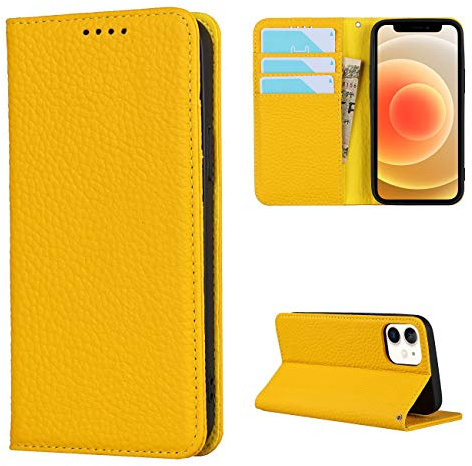 CAVOR Handyhülle kompatibel mit iPhone 12 Mini Hülle,Flip Echtleder Geldbörse Handyhülle,[4 Kartenfächer][Magnetisch][Mit Lanyard],Klapphülle Handytasche kompatibel mit iPhone 12 Mini - Gelb