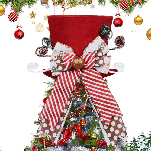 Large Christmas Tree Topper Hat - Red Hat with Bow Ribbon Ornament, Candy Christmas Tree Topper - Perfect for Holiday Decorations, Santa & Grinch Christmas Tree Topper (Red 1)