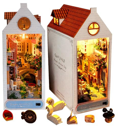 DIY Puppenhaus Ancient Town Thema Buch Nook Kit, Illusion Spiegel Design Miniatur Puppenhaus Kit, Bücherecke Bücherregal Desktop Decor Modell Bauen für Erwachsene Weihnachten Geburtstag Geschenk