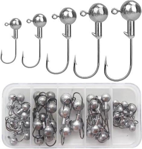 Klein Jigköpfe Set, 25 Stück/5 Größen Scharf Jigköpfe Angelhaken mit Round Bleikugeln, Jigköpfe für Gummifische, Weiche Köder, Rote Würmer zum Angelzubehör Raubfisch 2g 3,5g 5g 7g 10g
