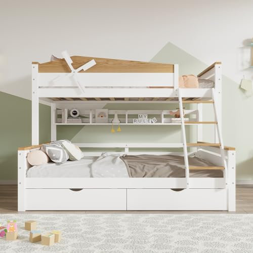 Dolamaní Litera 90 x 200 cm/140 x 200 cm Cama infantil, cuna con cajones, escalera inclinada de cuatro niveles, estantería, madera de pino, blanco+natural, litera C