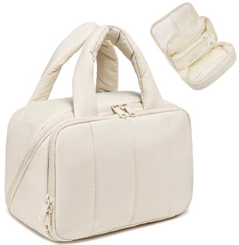 CAMTOP Reise-Kulturbeutel für Damen, Reise-Kulturbeutel, leicht, groß, weit geöffnet, Make-up-Tasche, großes Fassungsvermögen, Kosmetiktasche, Puffy für wichtige Dinge, Beige, Large, modisch
