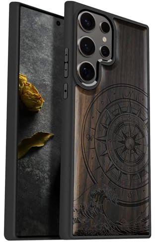 Carveit Natürlich Holz Handyhülle für Samsung S25 Ultra hulle [Einzigartiges Design Cover] Stoßstange Case Kompatibel mit Galaxy S25 Ultra Hülle（Dunklesholz-Der Kompass vor Kanagawa Waves）