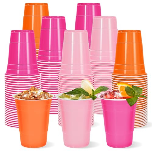 Whaline 60Pcs Colored Plastic Cups 16oz Light Pink Hot Pink Orange Plastic Cups Disposable Cups for Wedding Birthday Party Supplies