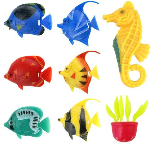Künstliche Fische, schwimmend, winzige Kunststofffische, bewegende schwimmende Aquarium-Ornamente, Luftblasen-Zubehör, Aquarium-Dekoration, tropische Fische, Quallen, Seepferdchen-Dekorationen (Farbe)