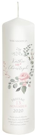 Liamoria® Hochzeitskerze rosa Rose mit Namen, Datum und Spruch - Modell Kathie - Wunderschöne Dekoration zur Hochzeit (25 x 8 cm)