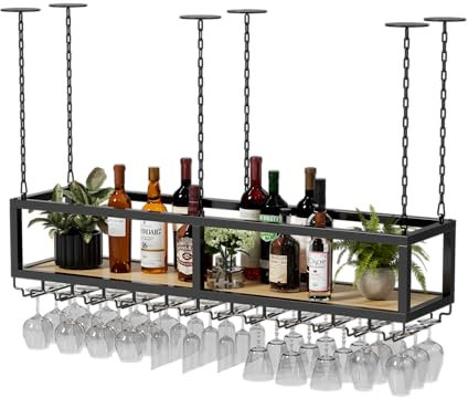 Casiers À Vin Au Plafond Support de vin Suspendu au Plafond Moderne Porte-Bouteilles Industriels avec Porte-Verre Hauteur réglable Étagère De Décor en Bois Massif en Fer Rétro (120x25x100CM)