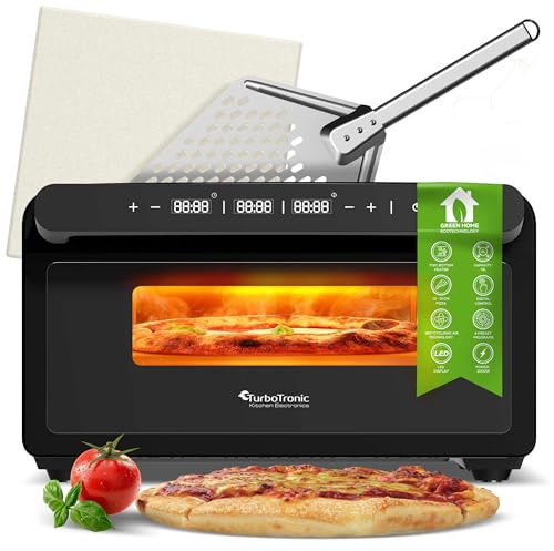 TurboTronic Pizzaofen bis 430 °C perfekte Pizza (30 cm) in 2 Minuten inkl. Pizzastein & Pizzaschieber für Zuhause & Garten Neapolitan Mini Backofen Edelstahl Schnellaufheizen AirFryer Steak Lahmacun