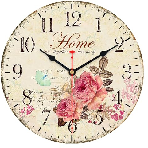 VIKMARI 30cm Vintage Wanduhr Leise Ohne Ticken - Blumen Deko Wohnzimmer | Hochwertiges MDF mit arabischen Ziffern. Diese lautlose Landhausstil Uhr ist ideal für Küche, Schlafzimmer und Büro.