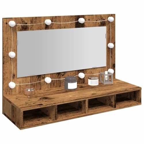 Teenpull Spiegelschrank mit LED-Beleuchtung, Altholz-Optik, 90x31,5x62 cm, Feuchtraumgeeignet, Wandmontage oder Standregal, mit Stauraum