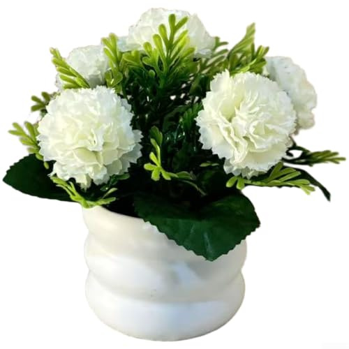 5 Stück Seidennelken-Donut-Topfpflanze, künstliche Blumen für Zuhause, Schreibtisch, realistisches Seidenblumenarrangement mit Topf, keine Pflege, kleine Tischdekoration, Geschenke, Weiß