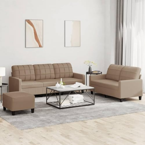 QUAHEAS 3-TLG. Sofagarnitur, Cappuccino-Braun Kunstleder, Robustes Wohnzimmer-Set mit Kissen, Bequemes Sofa & Fußhocker für Entspannung, Langlebige Möbel