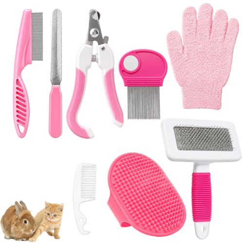 Rabbit Grooming Kit, 8-Piece Small Animal Grooming Set with Guinea Pig Nail Clippers, Professional Cat and Kitten Groomings Supplies for Regular Pet Care