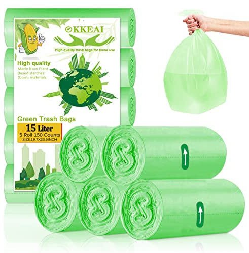 OKKEAI Small Bin Liners 15L Plastic Food Waste Bags for Bathroom,Bedroom,Office,Toilet,Kitchen,150 Counts,Green