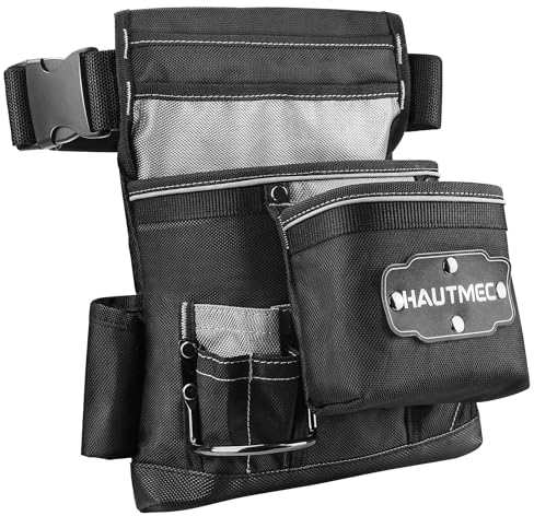 HAUTMEC Heavy-Duty Tool Belt Pouch with 12 Pockets, 1680D Wear-Resistant Electrician Tool Bag with Adjustable Waist Strap, Hammer Holder & Reflective Strips – Gray & Black