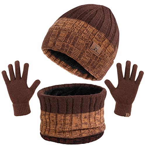 TAGVO 3in1 Winter Beanie Hut, Schal, Handschuhe Set,Ultraweiche elastische Verdickung Vlies Innenfutter Strick Beanie Cap Neck Warmer Warme Strickmützen, Mütze, Schal & Handschuh-Sets für Damen Herren