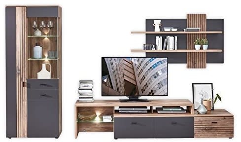 Stella Trading LINEA Wohnwand Komplett-Set in Flagstaff Oak Optik, Anthrazit - Moderne Schrankwand mit LED-Beleuchtung für Ihr Wohnzimmer - 334 x 202 x 44 cm (B/H/T)