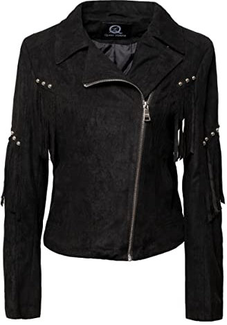 QUEEN HELENA Giacca Scamosciata con Frange Giubbotto Chiodo Corto Borchiato Giacchetta Biker Casual Leggera Donna Y3003 (XL, Nero)