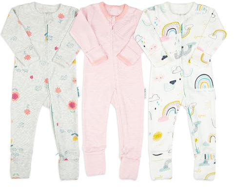 100 % algodón, pijama para bebé con cremallera bidireccional, mameluco unisex de género neutro para niños y niñas, doble cremallera, sin pies con puños plegables en manos y pies, Paquete de tres
