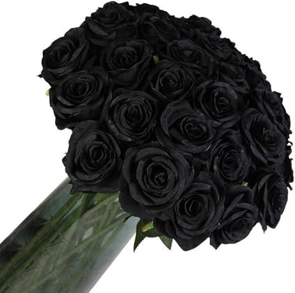Laelfe 12 Pcs Black Roses Artificial Flowers, Long Stem Faux Silk Black Flowers Fake Roses for Halloween Wedding Bridal Bouquet Home Party Arrangment Hotel Garden Decoration