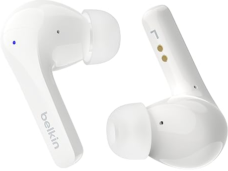 Belkin SoundForm Motion True Wireless Earbuds with Wireless Charging Case & Dual Microphone - IPX5 Water Resistant, Bluetooth Headphones for iPhone 16 & Galaxy 25 - White