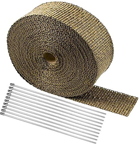 Arespark Benda Termica Moto, Nastro Termico Isolante, 10M D'oro Bende Termiche Moto Fatto di Fibre di Basalto con 10 Fascette Metalliche, per Collettori di Scarico Moto e Auto