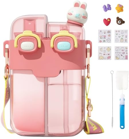 Cute Water Bottle with Double Straw, Portable Plastic Drinking Bottle Double Storage, Animal Decorations and DIY Stickers, Large Capacity 780ml for School Travel Sports Outdoor (Pink)