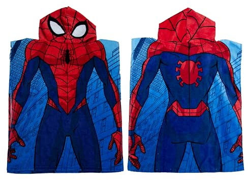 Disney Offizieller Marvel Spiderman tragbarer Poncho mit Kapuze, super weiches Gefühl, Spider-Man-Outfit und Stadt-Design, Kinder-Bademantel, perfekt für Zuhause, Bad und Strand
