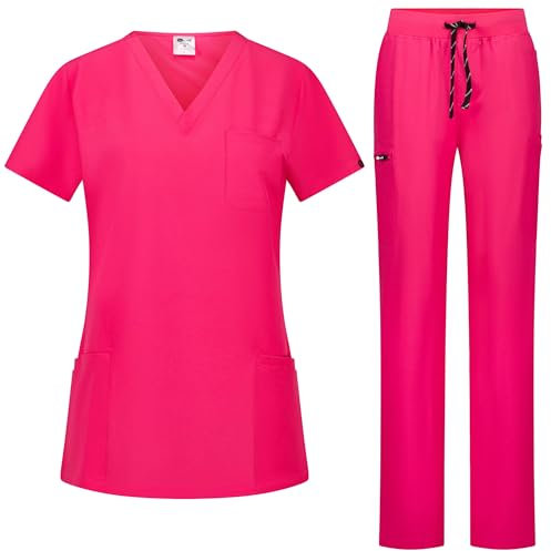 B-well Bella Uniforme sanitaire élastique pour femme, ensemble avec tunique et pantalon, avec spandex, Couleur : rose., XS