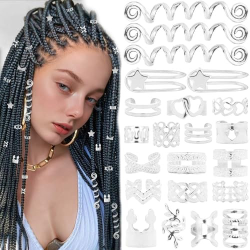 Moguri 103 Stück Dreadlocks Haarschmuck Silber, Flechtfrisur Accessoires für Frauen und Kinder, Haarringe und Manschetten, Schmuck für Zöpfe, Wikinger Haarschmuck für Mädchen