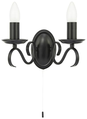 Traditional Wall Light Fitting with Pull Switch and Matte Black Scroll Arms and Sconces | 26cm x 15cm x 12cm | 2 x 7w E14 Candle by Happy Homewares
