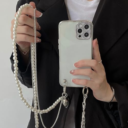 Galful Transparent Handyhülle für iPhone 13 Hülle mit Perlen Armband Handykette Hülle mit Band Chain Pearl Silikon Schutzhülle mit Kordel Umhängeband Lanyard Case Stoßfeste TPU Cover-Clear 3