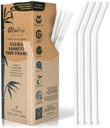 EcoPreps Biodegradable Flexible Bamboo Fiber Straws, Bendable, 120 Count - 100% Compostable, Plant-Based, Eco-Friendly Drinking Straws for Cold Drinks - 8'' Bamboo Disposable Straw (120 PCS)