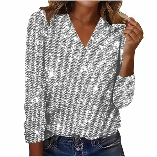 Sequin Top for Women UK Sparkly Tunic Blouses Shiny Long Sleeve V Neck T Shirt Party Night Club Casual Loose Dressy Tee Ladies Elegant Shimmer Glitter Shirts Wedding Christmas Cocktail Prom Going Out