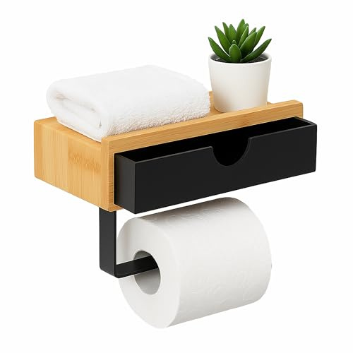 Relaxdays Toilettenpapierhalter, ohne Bohren, Ablage & Schublade, Klopapierhalter, Bambus & Metall, Natur/schwarz | Ablage & Schublade, Klopapierhalter, Bambus & Metall