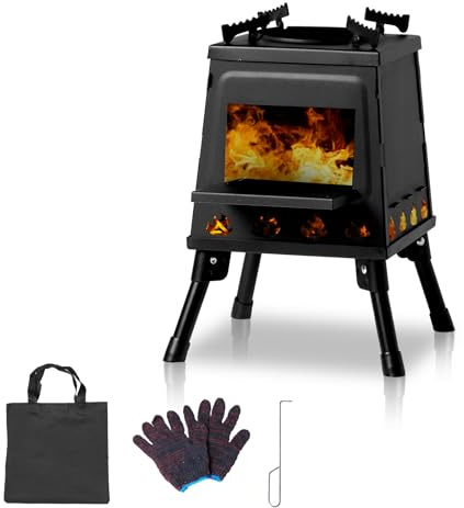 HOBBYZOO Wood Burning Camp Stove, Portable Alloy Steel Camping Cookware, Detachable Woodstove with Storage Bag, Firewood Hook, Gloves for Picnics, Camping, Fishing & Hiking, Black