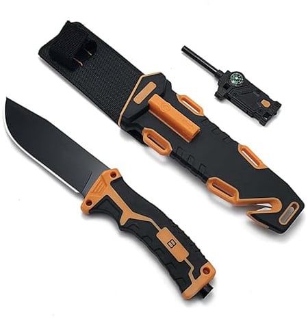 bhkz Outdoormesser 5Cr, feststehende Klinge, 3-in-1-Set, Orange | Fahrtenmesser in Orange/Schwarz mit 11-cm-Klinge, Gummigriff, Scheide, Feuerstahl, Kompass und Taschenlampe