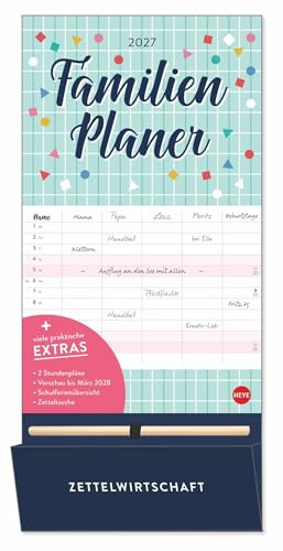 Familienplaner plus Tasche 2027: Familienkalender mit 5 Spalten. Familien-Wandkalender mit Schulferien. Praktischer Wandplaner inklusive Stift und Tasche zur Aufbewahrung von Zetteln.