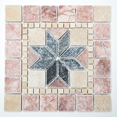 Rossone Travertin Naturstein beige rot schwarz Dekor 30,5x30,5x1 Tivoli für BODEN WAND BAD WC DUSCHE KÜCHE FLIESENSPIEGEL THEKENVERKLEIDUNG BADEWANNENVERKLEIDUNG Mosaikmatte Mosaikplatte