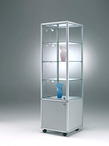 MHN Glasvitrine mit Rollen T 42,5 x B 52,5 x H 184,5 cm - schmale Ausstellungs-Vitrine mit Unterschrank abschließbar - Glas Vitrinenschrank ohne Beleuchtung