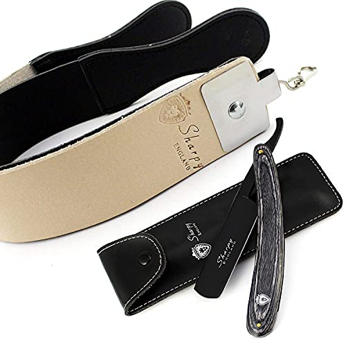 SHARPY England Rasierset für Herren im Vintage-Stil, gerader Schnitt, Leder-Streichriemen und Tasche, handgefertigtes Rasiermesser aus echtem Leder