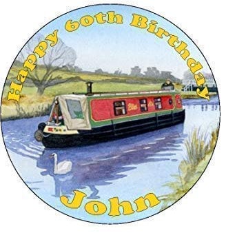 Canal Boat Barge Personalised Cake Topper (Round Easy Peel Icing)