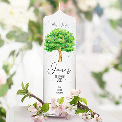 Wandtattoo Loft Taufkerze Junge Motiv Lebensbaum mit Blüten, 25cm x 7cm, personalisierte Kerze, bedruckte Kerze zur Taufe, Stumpenkerze, individuelles Taufgeschenk