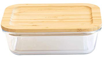 Pebbly - Boite en Verre et Bambou - Rectangulaire - 1,5 L - pour Cuire, Conserver, Transporter et Réchauffer - 100% Hermétique - Matériaux Naturels, Naturel