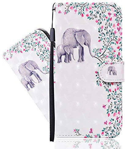 IMEIKONST 3D Painted Case for iPhone XR Premium Soft PU Leather Shell Card Holder Wallet with Magnetic Clasp Shockproof Stand Flip Cover for iPhone XR Flowers Elephant CYA