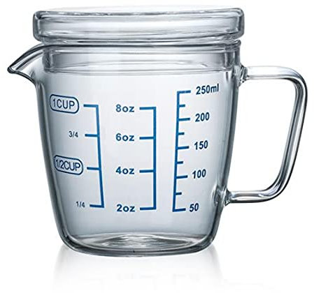 FBWSM Jarra de Leche Taza medidora pequeña para el hogar con Escala Calefacción por microondas con Tapa Desayuno Leche Taza de Agua Taza de Vidrio Crema Tarro para Compartir café-250ML