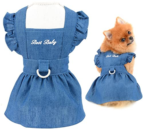 SMALLLEE_LUCKY_STORE Dog Denim Harness Dress, Ruffles Puppy Princess Dress for Small Medium Dog Cat Girls Adjustable Pet Jean Skirt with D-ring Female Dog Clothes Summer Apparel,Dark Blue,L